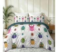 Vintage Housse de Couette, Blanc Douce Hypoallergénique Microfibre Parure de Lit, Insectes Volant Scarabee Rhinoceros Imprimer, 240 x 260 cm Avez Fermeture Éclair et 2 Taies d'oreiller 65 x 65cm