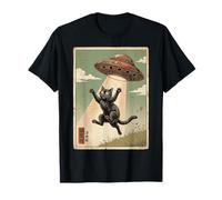 Vintage Japanese Cat UFO Abduction Cat Mom Dad Ukiyo-e T-Shirt