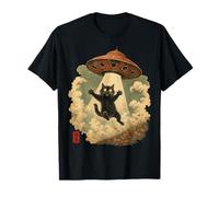 Vintage Japanese Cat UFO Abduction Cat Mom Dad Ukiyo-e T-Shirt