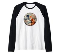 Vintage Japanese Cherry Sakura Blossom Wave Red Fox Lover Manche Raglan
