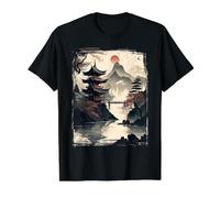 Vintage Japanese Flower Tee Mountain View Paysage Graphic T-Shirt Graphique avec Valeur