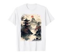 Vintage Japanese Flower Tee Mountain View Paysage Graphic T-Shirt Graphique avec Valeur