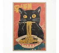 Vintage Japonais Chat Toile Art Mural Ramen Mangeant des Chats Noirs Crazy Animal Nourriture Art Repas Décoration Murale Unique Cuisine Salle à Manger 30 x 40 cm Sans Cadre
