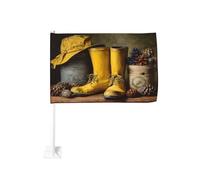 Vintage Jaune Bottes de Pluie Chapeau Pommes de Pin Voiture Drapeau Extérieur Fenêtre Clip 30x45cm Double Face Décoration Voiture