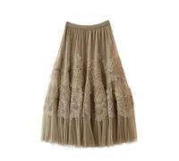 Vintage Lace Skirt Women Spring Summer Midi Long Tulle Skirts Female Winter Party Clothes Solid Color Sweet Mesh Cake Lady(Khaki)