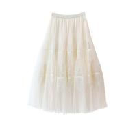Vintage Lace Skirt Women Spring Summer Midi Long Tulle Skirts Female Winter Party Clothes Solid Color Sweet Mesh Cake Lady(Beige)