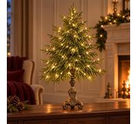 Vintage Lighted Norfolk Pine Tree, Tabletop Christmas Decor with LED (L) | Warm white LED, battery operated with remote, antique bronze base, sizes 12x9 and 18x10 in, indoor mantel and tabletop decor