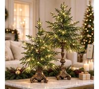 Vintage Lighted Norfolk Pine Tree,Tabletop Christmas Decor with LED Lights | Pre-Lit Artificial Norfolk Pine Small Christmas Tree,Warm White LED Glow,Cascading Evergreen Branches,Antique-Bronze Pedestal