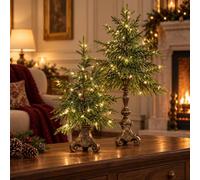 Vintage Lighted Norfolk Pine Tree, Tabletop Christmas Decor with LED (S+L) | Warm white LED, battery operated with remote, antique bronze base, sizes 12x9 and 18x10 in, indoor mantel and tabletop decor