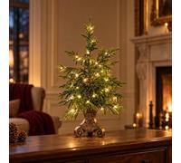 Vintage Lighted Norfolk Pine Tree, Tabletop Christmas Decor with LED (S) | Warm white LED, battery operated with remote, antique bronze base, sizes 12x9 and 18x10 in, indoor mantel and tabletop decor