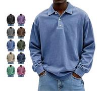Vintage Long-Sleeved Polo, Men's Fashion Retro Distressed Washed Cotton Casual Lapel Long Sleeve Polo Shirt (Blue,M)