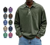 Vintage Long-Sleeved Polo, Men's Fashion Retro Distressed Washed Cotton Casual Lapel Long Sleeve Polo Shirt (Army Green,Grand)