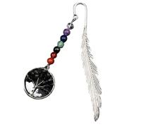 Vintage Metal Feather Tree Of Life With Healing Crystals Book Marks Pendant Students Decor Stationery(Black)