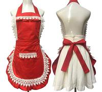 Vintage Mignon Dentelle Coton Bavoir Tabliers Cuisine Robe Princesse avec Poche pour Femme Chef Filles Couverts de Restaurant Barbecue Travail Personnalisé Jardinage - Rouge