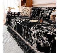 Vintage Minimalist Sofa Throw, Floral and Branch Pattern Sofa Cover | Soft Chenille Furniture Protector Cover, Decorative Throw Blanket With Tassels, For Sofa Couch Bed Chair(Black,180x340cm)