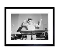 VINTAGE MUSIC LEGEND LEONARD BERNSTEIN CONDUCTING FRAMED ART PRINT B12X3750