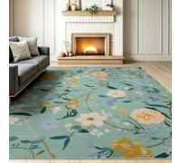 Vintage Natural Tapis Salon - Lavable Tapis Imprimé, Fleurs Lianes Branches Feuilles - Doux Moquette pour Chambre, Tapis Descente De Lit Antidérapant, Salle à Manger - Vert Bleu Clair 140 x 200 cm