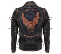 Vintage Noir Brando «Live to Ride» pour Hommes en Relief Eagle en Cuir Moto Motard Veste