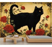 Vintage noir chat & roses rouges peinture murale grand décor mural pour salon chambre à coucher, classique floral animal art decal 280x200cm (Non autocollant)