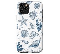 Vintage Ocean Seashells Coastal Linocut Bleu Coque pour iPhone 11 Pro