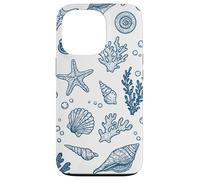 Vintage Ocean Seashells Coastal Linocut Bleu Coque pour iPhone 13 Pro