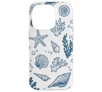 Vintage Ocean Seashells Coastal Linocut Bleu Coque pour iPhone 14 Pro