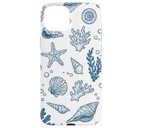 Vintage Ocean Seashells Coastal Linocut Bleu Coque pour iPhone 15 Plus
