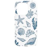 Vintage Ocean Seashells Coastal Linocut Bleu Coque pour iPhone 15 Pro