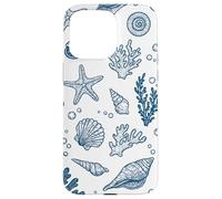 Vintage Ocean Seashells Coastal Linocut Bleu Coque pour iPhone 15 Pro Max