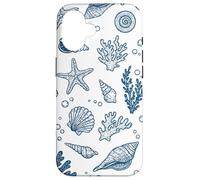 Vintage Ocean Seashells Coastal Linocut Bleu Coque pour iPhone 16