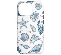 Vintage Ocean Seashells Coastal Linocut Bleu Coque pour iPhone 16 Pro