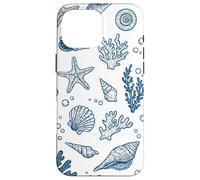 Vintage Ocean Seashells Coastal Linocut Bleu Coque pour iPhone 16 Pro Max