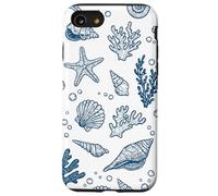 Vintage Ocean Seashells Coastal Linocut Bleu Coque pour iPhone SE (2020) / 7/8