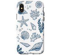 Vintage Ocean Seashells Coastal Linocut Bleu Coque pour iPhone X/XS