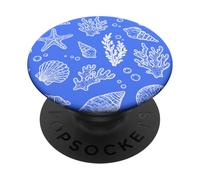 Vintage Ocean Seashells Coastal Linocut Bleu et Blanc PopSockets PopGrip Adhésif