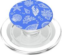 Vintage Ocean Seashells Coastal Linocut Bleu et Blanc PopSockets PopGrip pour MagSafe