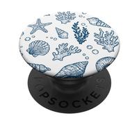 Vintage Ocean Seashells Coastal Linocut Bleu PopSockets PopGrip Adhésif