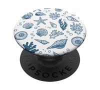 Vintage Ocean Seashells Coastal Linocut Bleu PopSockets PopGrip Adhésif