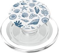 Vintage Ocean Seashells Coastal Linocut Bleu PopSockets PopGrip pour MagSafe