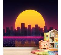 Vintage Papier Peint Panoramique 500L x 280H cm, Ville Architecture Néon Coucher de Soleil Affiche Fresque Murale, Violet Néon Papier Peint 3D Mural pour Salon Chambre d'enfants Décoration Restaurant