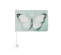 Vintage Papillon Blanc sur Drapeau de Voiture Vert Clip Fenêtre Extérieur 30 x 45 cm Double Face Décoration de Voiture