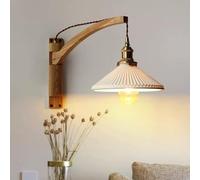 Vintage Plug in Applique Murale Bras en Bois avec Abat-Jour en Céramique Blanc, Rustique Ferme Luminaire Noyer Chevet Mural Lampes De Lecture pour Salon, Ash