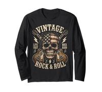 Vintage Rock and Roll American Flag Skull Graphic Guitar Manche Longue