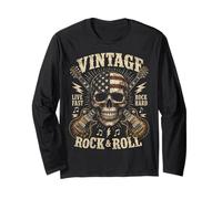 Vintage Rock and Roll American Flag Skull Graphic Guitar Manche Longue