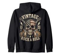 Vintage Rock and Roll American Flag Skull Graphic Guitar Sweat à Capuche