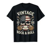 Vintage Rock and Roll American Flag Skull Graphic Guitar T-Shirt