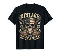 Vintage Rock and Roll American Flag Skull Graphic Guitar T-Shirt