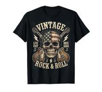 Vintage Rock and Roll American Flag Skull Graphic Guitar T-Shirt
