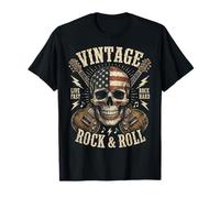 Vintage Rock and Roll American Flag Skull Graphic Guitar T-Shirt