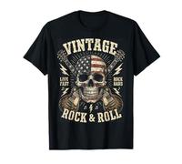 Vintage Rock & Roll American Flag Skull Graphic Guitar T-Shirt